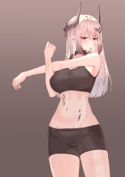 Rule 34 | 1girl, absurdres, arknights, bare arms, bare shoulders, bike shorts, black horns, black sports bra, blush, breasts, closed mouth, commentary request, cowboy shot, cross-body stretch, ear piercing, eyes visible through hair, gradient background, grey background, grey hair, hair between eyes, highres, horns, infection monitor (arknights), large breasts, long hair, material growth, midriff, mudrock (arknights), navel, oripathy lesion (arknights), partial commentary, piercing, pointy ears, red eyes, solo, split mouth, sports bra, standing, stretching, suzubotan, turning head