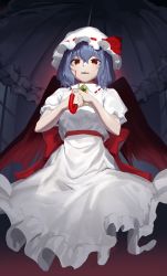 Rule 34 | 1girl, absurdres, blue hair, commentary, dress, goback, hair between eyes, hat, highres, holding, holding umbrella, looking at viewer, mob cap, open mouth, red eyes, red wings, remilia scarlet, short hair, short sleeves, solo, teeth, touhou, umbrella, upper teeth only, white dress, white hat, wings