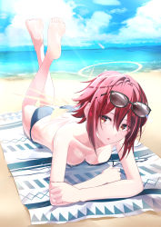 Rule 34 | 1girl, absurdres, angel, arknights, ass, bare shoulders, beach, beach towel, bikini, unworn bikini top, commentary request, commission, dice gt, energy wings, exusiai (arknights), feet, full body, halo, halterneck, highres, looking at viewer, lying, ocean, on stomach, partial commentary, red hair, sand, short hair, skeb commission, soles, solo, string bikini, sunglasses, swimsuit, the pose, toes, towel, untied bikini, yellow eyes
