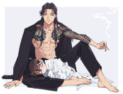 Rule 34 | 2boys, abs, akai shuuichi, arm support, arm tattoo, barefoot, black-framed eyewear, black hair, black pants, black shirt, blanket, border, brown hair, chest tattoo, child, cigarette, closed eyes, closed mouth, collarbone, commentary request, dragon tattoo, edogawa conan, feet, fingernails, full body, glasses, green eyes, highres, holding, holding cigarette, k (gear labo), knee up, light blush, long hair, long sleeves, looking at another, looking down, lying, male focus, meitantei conan, multiple boys, on side, open clothes, open shirt, outside border, pants, parted lips, pectorals, shirt, short hair, sitting, sleeping, sleeping on person, smile, smoke, smoking, tattoo, toenails, toes, toned, toned male, white border