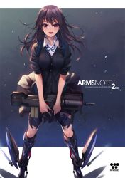 Rule 34 | 1girl, arms note, blush, brown eyes, brown hair, bullpup, cardigan, commentary request, copyright name, fukai ryosuke, gun, hair ornament, hairclip, holding, holding weapon, long hair, looking at viewer, mechanical legs, muzzle device, open mouth, original, pleated skirt, popped collar, rifle, school uniform, shirt, skirt, sleeves rolled up, smile, solo, weapon, white shirt