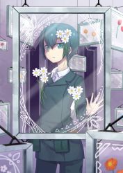 Rule 34 | 1girl, belt, belt pouch, commentary, cowboy shot, daisy, doorway, flat chest, flower, framed, green eyes, green hair, green jacket, green legwear, hair between eyes, hair ornament, hand on glass, jacket, kamihikouki, kino (kino no tabi), kino no tabi, looking at viewer, pants, parted lips, picture frame, pouch, shirt, short hair, solo, suit jacket, white shirt, window