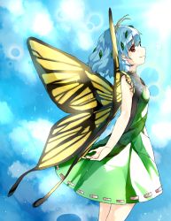 Rule 34 | 1girl, antennae, bad id, bad twitter id, bare arms, blue hair, blue sky, breasts, butterfly wings, cheunes, day, dress, eternity larva, from side, green dress, hair ornament, highres, insect wings, leaf, leaf hair ornament, profile, red eyes, short hair, sky, sleeveless, sleeveless dress, small breasts, smile, solo, sparkle, touhou, wings