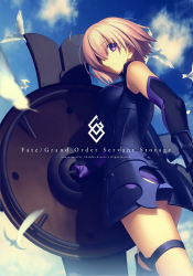 Rule 34 | 1girl, absurdres, ahoge, animal, arm guards, armor, armored dress, armpits, ass, bare shoulders, bird, black gloves, blue sky, blurry, breasts, closed mouth, copyright name, day, depth of field, dress, elbow gloves, english text, eyebrows, fate/grand order, fate (series), feathers, from behind, gloves, hair over one eye, highres, holding, holding shield, large breasts, looking at viewer, mash kyrielight, pink hair, purple dress, purple eyes, shield, short hair, sky, smile, solo, takeuchi takashi, text focus, thigh strap
