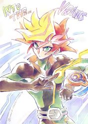 Rule 34 | 1boy, blonde hair, bodysuit, cocconeis, dated, duel disk, english text, fujiki yusaku, green eyes, highres, male focus, multicolored hair, playmaker (yu-gi-oh!), serious, simple background, solo, spiked hair, twitter username, upper body, white background, yu-gi-oh!, yu-gi-oh! vrains, yuu-gi-ou, yuu-gi-ou vrains