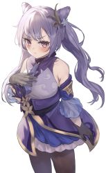 Rule 34 | 1girl, bare shoulders, black pantyhose, blush, cone hair bun, double bun, dress, genshin impact, gloves, hair bun, hair ornament, half-closed eyes, hand on own chest, highres, keqing (genshin impact), looking at viewer, owaowa no mi, pantyhose, purple eyes, purple hair, simple background, solo, standing, twintails, white background
