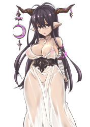 Rule 34 | 10s, 1girl, bare shoulders, breasts, cleavage, danua, draph, female focus, granblue fantasy, highres, horn ornament, horns, large breasts, legs, looking at viewer, parted lips, pointy ears, red eyes, see-through, simple background, solo, taku-tama, thighs, white background