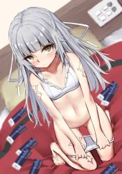 Rule 34 | 1girl, azur lane, ballot, bare arms, bare legs, bare shoulders, barefoot, bed sheet, blunt bangs, blush, bra, breasts, closed mouth, collarbone, commentary, embarrassed, gameplay mechanics, gluteal fold, grey hair, head tilt, highres, isobe eiji, kneeling, long hair, looking at viewer, mole, mole under eye, navel, on bed, panties, panty pull, pillow, pulling own clothes, sitting, slit pupils, small breasts, solo, stomach, tattoo, thigh gap, underwear, underwear only, white bra, white panties, yellow eyes, z46 (azur lane)