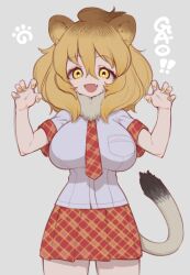 Rule 34 | 1girl, animal ears, brown hair, extra ears, gao, grey background, kemono friends, lion (kemono friends), lion ears, lion girl, lion tail, long hair, looking at viewer, necktie, notora, scarf, shirt, simple background, skirt, smile, solo, tail, yellow eyes