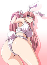 Rule 34 | 1girl, adjusting hair, animal ears, arm up, armpits, ass, ass focus, back, bare shoulders, blush, breasts, cleavage, cowboy shot, crop top, fake animal ears, fake tail, fundoshi, glasses, gradient background, hairband, japanese clothes, large breasts, leaning forward, leotard, log-mi (tonpuu), long hair, looking back, midriff, mizu happi, no pants, original, parted lips, pink background, pink hair, playboy bunny, purple eyes, rabbit ears, rabbit tail, rimless eyewear, rope, shadow, simple background, sleeveless, solo, standing, tail, thighs, thong, tonpuu, twintails, very long hair