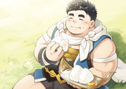Rule 34 | 1boy, bara, blush, bulge, cape, chewing, closed eyes, closed mouth, commentary request, eating, echigo (tamacolle), food, food on face, holding, holding food, male focus, on grass, onigiri, pectoral cleavage, pectorals, sitting, suv (suv032), tamacolle, thick eyebrows, white cape