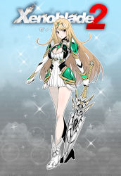 Rule 34 | 1girl, ankle boots, armor, bare legs, bare shoulders, blonde hair, blush, boots, breasts, brown eyes, cleavage, cleavage cutout, closed mouth, clothing cutout, cloud, copyright name, dress, elbow gloves, faulds, full body, gem, gloves, green322, green gemstone, headpiece, highres, holding, holding sword, holding weapon, large breasts, long hair, long legs, looking at viewer, mythra (xenoblade), nintendo, outline, pantyhose, pauldrons, shiny skin, short dress, shoulder armor, sleeveless, sleeveless dress, solo, sparkle, standing, straight hair, sword, very long hair, weapon, white dress, white footwear, white gloves, white outline, white pantyhose, wrist guards, xenoblade chronicles (series), xenoblade chronicles 2