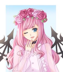 Rule 34 | 1girl, atarashi coco, black wings, blue eyes, choker, dress, female focus, flower wreath, hand on own chin, highres, long dress, long hair, looking at viewer, nails, open mouth, pink dress, pink hair, see-through, see-through sleeves, shin subarashiki kono sekai, simple background, smile, solo, spiked wings, subarashiki kono sekai, upper body, wings