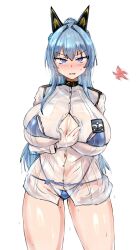 Rule 34 | 1girl, bikini, bikini under clothes, blue bikini, blue eyes, blue hair, blush, braid, breasts, button gap, cleavage, geist43195783, gloves, goddess of victory: nikke, hand on own chest, headgear, helm (aqua marine) (nikke), helm (nikke), highres, huge breasts, long hair, official alternate costume, open mouth, ponytail, see-through, see-through shirt, shirt, side-tie bikini bottom, simple background, solo, standing, starfish, swimsuit, wavy mouth, wet, wet clothes, wet shirt, white background, white gloves, white shirt