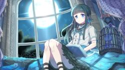 Rule 34 | 1girl, absurdres, birdcage, black choker, blue eyes, blue skirt, blunt bangs, book, braid, breasts, cage, choker, commentary request, curtains, flower, full moon, fuwasn1545, highres, indie virtual youtuber, long hair, moon, night, open book, otosaki rita, shirt, sitting, skirt, small breasts, solo, stuffed animal, stuffed rabbit, stuffed toy, white shirt, window