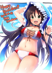 Rule 34 | 1girl, :d, animal hood, arm up, bikini, black choker, black ribbon, blue sky, blush, bracelet, breasts, brown hair, character name, choker, cleavage, cloud, commentary request, cowboy shot, cross-laced clothes, day, fangs, fingernails, front-tie bikini top, front-tie top, green eyes, hair between eyes, happy birthday, highres, himekawa yuki, hood, hood up, idolmaster, idolmaster cinderella girls, jewelry, large breasts, lens flare, looking at viewer, navel, open mouth, outdoors, red bikini, ribbon, shark hood, sky, smile, solo, spiked bracelet, spiked choker, spikes, stomach, swimsuit, teeth, thighs, upper teeth only, yunodon (sugar maple)