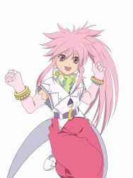 Rule 34 | 1girl, arche klein, artist request, belt, bracelet, earrings, elbow gloves, gloves, jewelry, long hair, official art, pants, pink eyes, pink hair, pink pants, ponytail, single earring, smile, solo, tales of (series), tales of phantasia, white background, wide ponytail