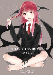 Rule 34 | 1girl, :d, absurdres, adapted costume, artist name, barefoot, black jacket, black skirt, blue nails, breasts, commentary request, demon wings, english text, full body, grey background, head wings, highres, holding, holding own hair, indian style, jacket, koakuma, long hair, long sleeves, looking at viewer, medium breasts, miniskirt, nagata nagato, nail polish, necktie, open mouth, red eyes, red hair, red necktie, shirt, sidelocks, simple background, sitting, skirt, sleeves past wrists, smile, solo, speech bubble, toenail polish, toenails, touhou, white shirt, wing collar, wings