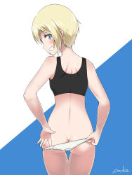 1girl, ass, black sports bra, blonde hair, blue background, blue eyes, blush, butt crack, erica hartmann, eyebrows visible through hair, from behind, grin, highres, looking at viewer, looking back, miyu (lovesickness), panties, parted lips, shiny, shiny hair, shiny skin, short hair, shoulder blades, simple background, smile, solo, sports bra, standing, strike witches, teeth, two-tone background, underwear, white background, white panties, world witches series