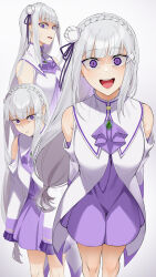 Rule 34 | 1girl, :d, artist name, ascot, bare shoulders, blunt bangs, braid, clothing cutout, commentary, crazy eyes, crown braid, dress, emilia (re:zero), grey hair, hair ornament, highres, long hair, looking at viewer, multiple views, open mouth, pointy ears, purple ascot, purple eyes, re:zero kara hajimeru isekai seikatsu, sasoura, shaded face, shoulder cutout, simple background, smile, symbol-only commentary
