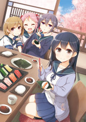 Rule 34 | &gt; &lt;, 4girls, :d, ahoge, akebono (kancolle), bandaid, bandaid on face, bell, black hair, black legwear, blue sailor collar, blue shirt, blue skirt, blush, breasts, brown hair, buttons, chopsticks, closed mouth, collarbone, commentary request, cup, drink, eating, flower, food, hair bell, hair between eyes, hair bobbles, hair flower, hair ornament, highres, holding, indoors, jacket, jingle bell, kantai collection, large breasts, leaf, long hair, long sleeves, looking at viewer, multiple girls, neck ribbon, nori (seaweed), oboro (kancolle), open mouth, pink hair, pleated skirt, purple eyes, purple hair, rabbit hair ornament, ribbon, rice, sailor collar, sazanami (kancolle), school uniform, seiza, serafuku, shirt, short hair, short sleeves, side ponytail, sitting, skirt, smile, socks, soy sauce, tatami, tree, twintails, ushio (kancolle), v, vegetable, window, xd, yume no owari, zaisu
