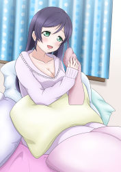 Rule 34 | 1girl, absurdres, alternate hairstyle, aqua eyes, artist name, artist request, bed, blush, breasts, cleavage, collarbone, curtains, female focus, green eyes, highres, indoors, long hair, long sleeves, looking at viewer, love live!, love live! school idol project, medium breasts, nail, nail polish, on bed, pajamas, parted lips, pillow, pink nails, pink nails, polka dot curtains, purple hair, smile, solo, tojo nozomi
