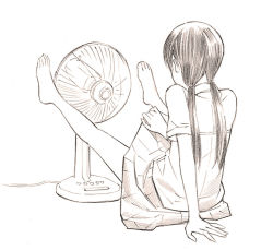 Rule 34 | 1girl, arm support, bare legs, barefoot, blouse, bra strap, clothes lift, electric fan, facing away, fanning crotch, feet, from behind, full body, legs up, long hair, low twintails, monochrome, on floor, original, pleated skirt, see-through, shirt, short sleeves, sitting, sketch, skirt, skirt lift, solo, traditional media, twintails, yoshitomi akihito