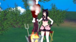 Rule 34 | 1girl, 3d, :d, animal ears, bare shoulders, black gloves, black hair, black shorts, blue eyes, blue sky, bone, boned meat, branch, breasts, cat ears, cat girl, clear sky, cooking, feet out of frame, fingerless gloves, fire, food, fran (tensei shitara ken deshita), gloves, hair between eyes, hand on own hip, hand up, highres, holding, holding bone, holding food, kirbro, leaf, looking away, meat, medium hair, midriff, navel, open mouth, outdoors, shorts, sky, small breasts, smile, solo, standing, steam, stomach, teeth, tensei shitara ken deshita, thighhighs, tongue, tree, upper teeth only, v-shaped eyebrows, white thighhighs