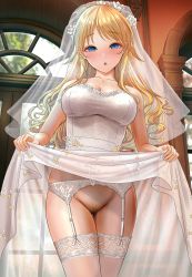 Rule 34 | 1girl, ahoge, alternate hairstyle, bare shoulders, blonde hair, blue eyes, blush, breasts, breath, bridal veil, bride, cleavage, clothes lift, collarbone, commentary request, dot nose, dress, dress lift, female focus, female pubic hair, flower, garter belt, garter straps, hachimiya meguru, heavy breathing, highres, idolmaster, idolmaster shiny colors, lace, lace-trimmed legwear, lace trim, large breasts, lifting own clothes, long hair, looking at viewer, no panties, pubic hair, pussy, revision, rose, see-through, skirt, skirt lift, solo, standing, strapless, strapless dress, sweat, thighhighs, thighs, triangle mouth, turisasu, veil, wavy hair, wedding dress, white dress, white flower, white garter belt, white rose, white thighhighs