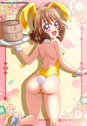 Rule 34 | 1girl, :d, animal ears, ass, back, backless leotard, bamboo steamer, bare legs, braid, brown hair, commentary, dated, delicious party precure, detached collar, egasumi, fake animal ears, fake tail, from behind, grey footwear, hanamichi ran, hanzou, high heels, highres, holding, holding tray, leg up, leotard, looking at viewer, looking back, medium hair, open mouth, playboy bunny, precure, purple eyes, rabbit ears, rabbit tail, shadow, smile, solo, standing, standing on one leg, strapless, strapless leotard, tail, thong leotard, tray, twin braids, twitter username, wrist cuffs, yellow leotard