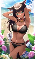 Rule 34 | 1girl, animal ears, armpits, arms behind head, arms up, warrior of light (ff14), bare arms, bare shoulders, beach, bell, bikini, bird, black bikini, black hair, breasts, cat ears, cat girl, cat tail, choker, cleavage, commission, cowboy shot, earrings, final fantasy, final fantasy xiv, freckles, green eyes, halterneck, highres, jewelry, jingle bell, large breasts, long hair, looking at viewer, miqo&#039;te, mirukurim, navel, penguin, red choker, skeb commission, solo, standing, stomach, string bikini, sunlight, swimsuit, tail, thighs, wet