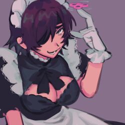 Rule 34 | 1girl, arm up, black hair, breasts, chainsaw man, cleavage cutout, clothing cutout, eyepatch, fidget spinner, frilled sleeves, frills, gloves, highres, himeno (chainsaw man), large breasts, liowig, looking at viewer, maid, maid headdress, open mouth, puffy sleeves, purple background, purple theme, short hair, simple background, smile, smug, solo, white gloves