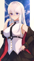 Rule 34 | 1girl, absurdres, arm up, azur lane, black jacket, black necktie, black skirt, blush, breasts, closed mouth, clothes pull, enterprise (azur lane), feet out of frame, hand on own hip, hane (feathe02), highres, jacket, jacket pull, large breasts, long hair, looking at viewer, necktie, open clothes, open jacket, purple eyes, shirt, silver hair, simple background, skirt, solo, standing, white shirt