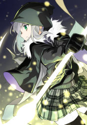 Rule 34 | 1girl, absurdres, black gloves, capelet, fate (series), fur collar, gloves, glowing, glowing weapon, gray (fate), green eyes, grey hair, highres, hood, hooded capelet, light particles, lord el-melloi ii case files, plaid, plaid skirt, skirt, solo, thighhighs, tochi keisuke, weapon