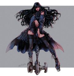 Rule 34 | 1girl, bare shoulders, black dress, black hair, black thighhighs, detached sleeves, dress, final fantasy, final fantasy xiv, full body, gaia (ff14), goth fashion, halter dress, halterneck, legs apart, lips, long hair, red lips, setsu-st, simple background, solo, standing, thighhighs, twitter username, two-tone background, weapon