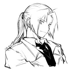 Rule 34 | 1boy, 2022, ahoge, closed mouth, coat, cropped torso, dated, edward elric, fullmetal alchemist, greyscale, hair intakes, highres, long hair, male focus, mini (pixiv6327751), monochrome, necktie, ponytail, simple background, sketch, smile, solo, upper body, vest, white background, wing collar