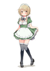 Rule 34 | 1girl, ahoge, alternate costume, apron, black thighhighs, blonde hair, blush, breasts, cleavage, embarrassed, enmaided, frilled apron, frilled thighhighs, frills, full body, high heels, ichii yui, looking at viewer, low twintails, maid, maid apron, maid headdress, mary janes, medium breasts, medium hair, open mouth, shoes, short twintails, solo, sweatdrop, tatsunokosso, thighhighs, twintails, yellow eyes, yuyushiki