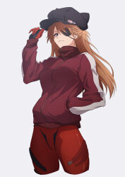 Rule 34 | 1girl, absurdres, black hat, blue eyes, bodysuit, breasts, cropped legs, curvy, evangelion: 3.0 you can (not) redo, eyepatch, grey background, hair between eyes, hand in pocket, hat, highres, jacket, long hair, looking at viewer, medium breasts, neon genesis evangelion, nishizuki shino, orange hair, pilot suit, plugsuit, rebuild of evangelion, red bodysuit, shiny clothes, simple background, solo, souryuu asuka langley, track jacket, two side up, wide hips
