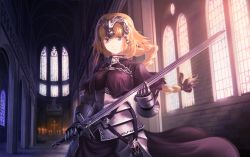Rule 34 | 1girl, armor, armored dress, blonde hair, braid, candle, capelet, chain, church, cross, day, doora (dora0913), fate/apocrypha, fate (series), gauntlets, grey eyes, headpiece, holding, holding sword, holding weapon, indoors, jeanne d&#039;arc (fate), jeanne d&#039;arc (ruler) (fate), long hair, looking at viewer, single braid, smile, solo, standing, sword, tiara, weapon, window