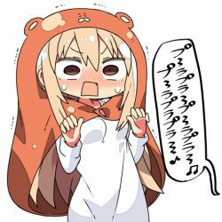 Rule 34 | 1girl, blonde hair, blush, brown eyes, doma umaru, hamster costume, himouto! umaru-chan, kanikama, komaru (himouto! umaru-chan), long hair, lowres, open mouth, scared, simple background, solo, speech bubble, translation request, white background