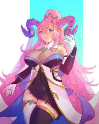 Rule 34 | 1girl, bare shoulders, blush, breasts, cleavage, closed mouth, commentary, covered navel, curled horns, detached sleeves, eili enie, english commentary, fire emblem, fire emblem heroes, goat horns, highres, horns, huge breasts, large horns, lips, long hair, nerthus (fire emblem), nintendo, pink lips, ponytail, purple horns, smile, solo, very long hair