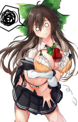 Rule 34 | 1girl, absurdres, alternate costume, bent over, between breasts, black skirt, bow, bowtie, box, bra, breasts, brown hair, cleavage, closed mouth, collarbone, collared shirt, commentary request, eyelashes, feet out of frame, frilled bra, frills, green bow, green bowtie, hair bow, heart, heart-shaped box, highres, hira-san, large breasts, long hair, long sleeves, looking at viewer, miniskirt, multiple girls, navel, panties, pleated skirt, puffy sleeves, reiuji utsuho, school uniform, shirt, side-tie panties, sidelocks, simple background, sketch, skirt, smile, solid circle eyes, spoken squiggle, squiggle, stomach, tearing up, tears, third eye, touhou, underwear, valentine, white background, white shirt, wing collar, yellow bra, yellow eyes, yellow panties