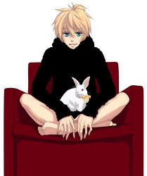 Rule 34 | 1boy, barefoot, blonde hair, blue eyes, cup, feet, full body, kagamine len, lowres, male focus, ponytail, rabbit, ribbon, short hair, simple background, sitting, solo, spice!, spice! (vocaloid), vocaloid, yunomi, yunomi (yunomi imonuy)
