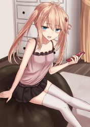 Rule 34 | 1girl, :d, ahoge, arm at side, bare shoulders, black skirt, blonde hair, blush, blush stickers, breasts, camisole, carpet, cellphone, collarbone, cowboy shot, curtains, fang, hair between eyes, hair ornament, hairclip, hand up, highres, holding, holding phone, indoors, long hair, looking at viewer, miniskirt, open mouth, original, phone, sitting, skirt, small breasts, smartphone, smile, solo, spaghetti strap, thick eyebrows, thighhighs, tsurime, twintails, white thighhighs, yakob labo