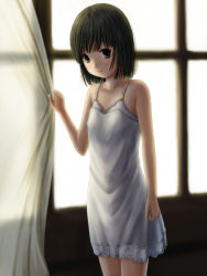 Rule 34 | 1girl, ahoge, bad id, bad nicoseiga id, bare arms, bare shoulders, black hair, blunt bangs, brown eyes, closed mouth, cowboy shot, curtain grab, curtains, dress, expressionless, flat chest, hand up, indoors, looking at viewer, looking to the side, original, phazer, short hair, sleeveless, sleeveless dress, sleeveless turtleneck, solo, standing, sundress, transparent, turtleneck, white dress, window