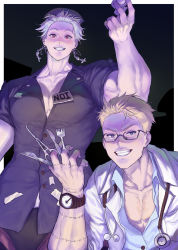 Rule 34 | 1boy, 1girl, alternate costume, alternate hairstyle, bad id, bad pixiv id, bare pectorals, blonde hair, blue eyes, breasts, character name, cleavage, couple, cowboy shot, doctor, dorohedoro, earrings, glasses, halloween costume, hetero, highres, jewelry, large pectorals, muscular, muscular female, noi (dorohedoro), park ongjol, pectorals, red eyes, shin (dorohedoro), short hair, stitches, upper body, watch, white hair