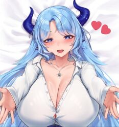 Rule 34 | 1girl, animal ears, blue eyes, blue hair, blush, breasts, cleavage, collarbone, collared shirt, cow ears, cow girl, cow horns, heart, horns, indie virtual youtuber, jewelry, large breasts, long hair, lying, miilkywayz, mole, mole under mouth, necklace, on back, open mouth, padoruu, partially unbuttoned, purple horns, reaching, reaching towards viewer, second-party source, shirt, solo, sparkling eyes, upper body, virtual youtuber, white shirt