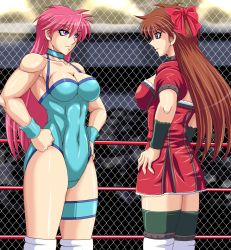 Rule 34 | 2girls, back, black legwear, blurry, breasts, brown hair, cleavage, collar, cowboy shot, depth of field, dress, from side, hair between eyes, hair ribbon, hands on own hips, highres, indoors, leotard, long hair, mighty yukiko, multiple girls, mutou megumi, pink hair, purple eyes, ribbon, skin tight, standing, taroimo (00120014), thigh strap, thighhighs, thighs, v-shaped eyebrows, very long hair, wide hips, wrestle angels, wrestle angels survivor, wrestling outfit, wrestling ring, wristband