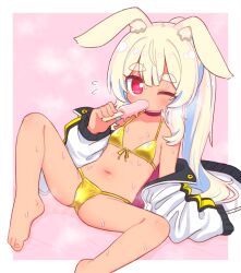 Rule 34 | 1girl, animal ear fluff, animal ears, bare legs, bare shoulders, barefoot, bikini, blonde hair, blue hair, breasts, choker, collarbone, commentary request, ears down, etrian odyssey, flying sweatdrops, food, front-tie bikini top, front-tie top, heart, heart-shaped pupils, highres, holding, holding food, ice cream, jacket, long hair, long sleeves, looking at viewer, masurao (sekaiju), masurao 2 (sekaiju), multicolored hair, naga u, navel, off shoulder, one eye closed, pink background, ponytail, puffy long sleeves, puffy sleeves, purple choker, purple eyes, rabbit ears, sekaiju no meikyuu, sekaiju no meikyuu 5, short eyebrows, small breasts, solo, spread legs, sweat, swimsuit, symbol-shaped pupils, thick eyebrows, two-tone background, two-tone hair, very long hair, white background, white jacket, yellow bikini