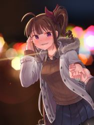 Rule 34 | 10s, 1girl, blue nails, blush, breasts, brown hair, brown sweater, collarbone, disembodied hand, drill hair, hair ribbon, hand grab, highres, idolmaster, idolmaster million live!, jewelry, kamille (vcx68), looking at viewer, medium breasts, nail polish, necklace, parted lips, purple eyes, ribbed sweater, ribbon, ring, short hair, side ponytail, smile, sweater, teeth, yokoyama nao